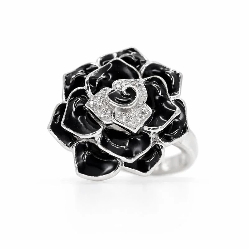 Sterling Silver Black Enamel Diamond Flower Ring