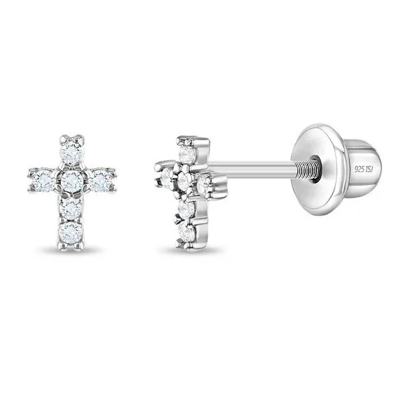 Sterling Silver Clear CZ Cross Children's Earrings
