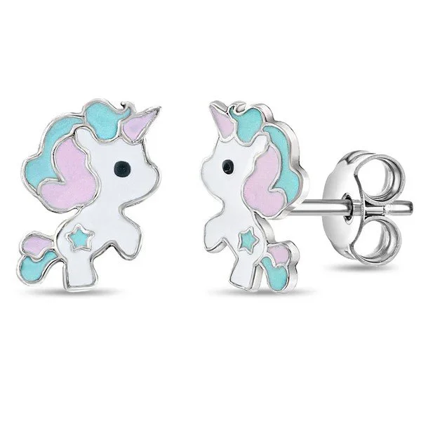 Sterling Silver Enamel Unicorn Children's Earrings