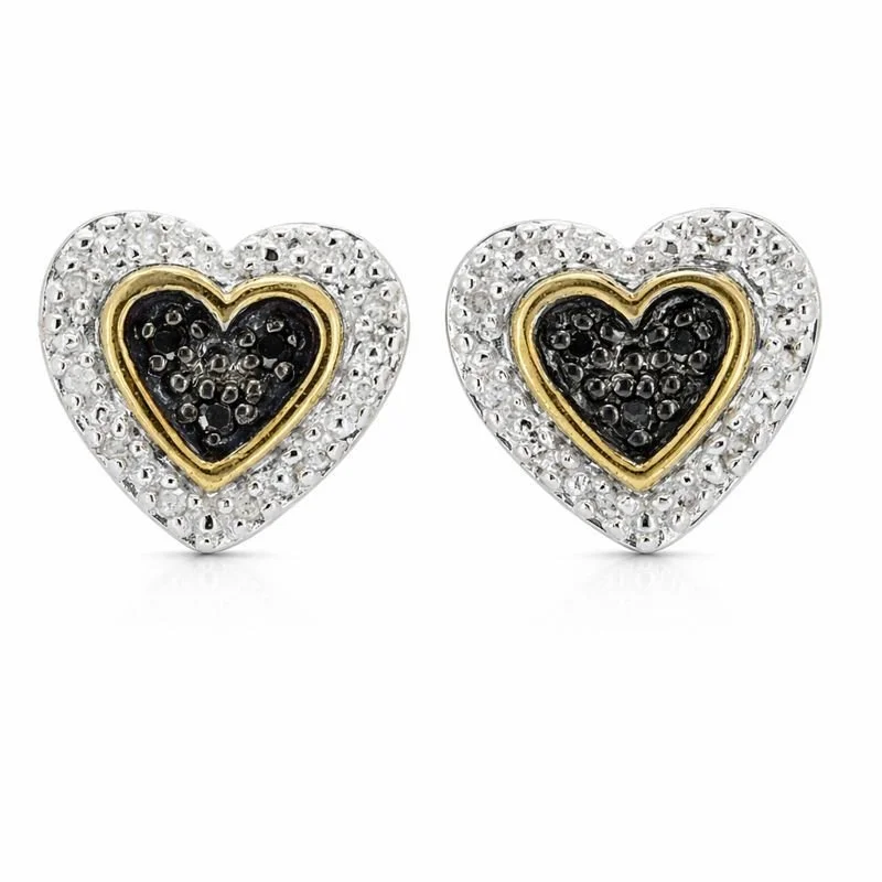 14K Gold Plated Black & White Diamond Heart Stud Earrings