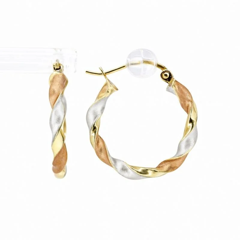 14K Tri-Color Gold Satin & High Polish Twisted Ribbon Hoop Earrings