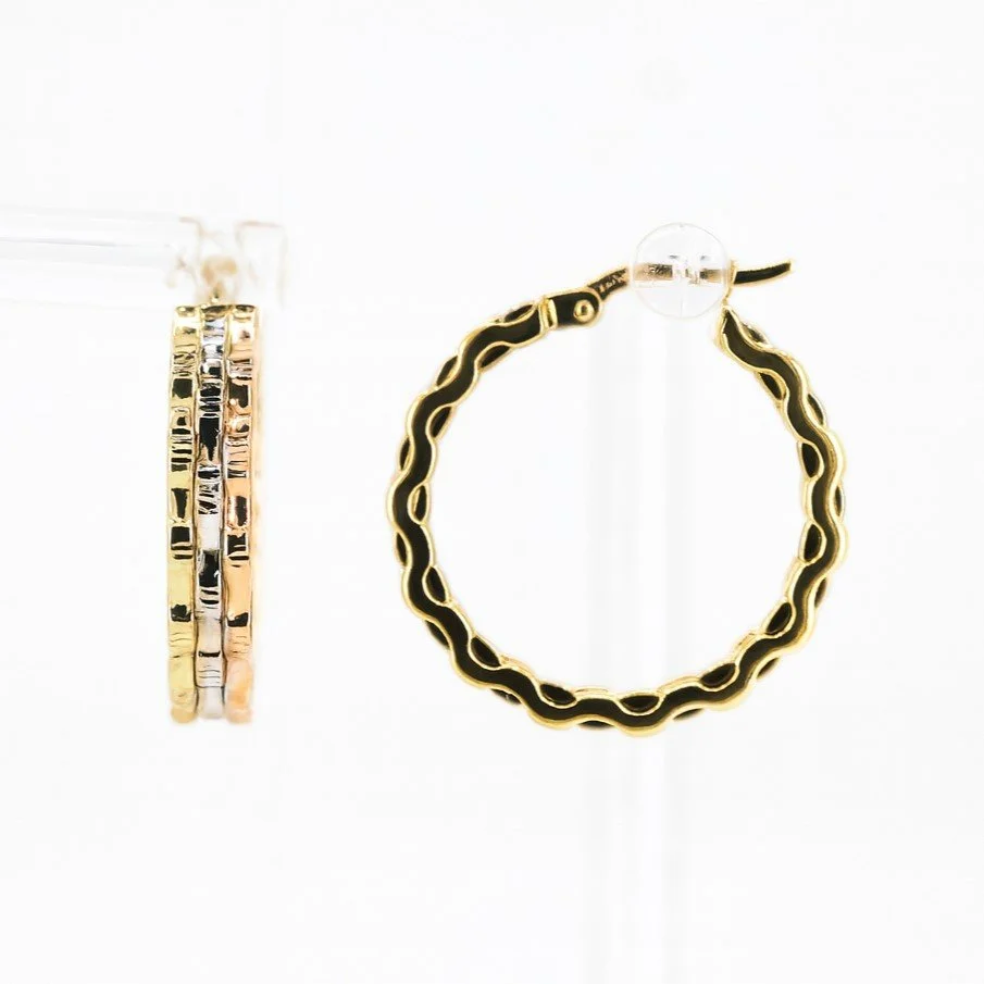 14K Tri-Color Multi-Row High Polish Link Design Hoop Earrings