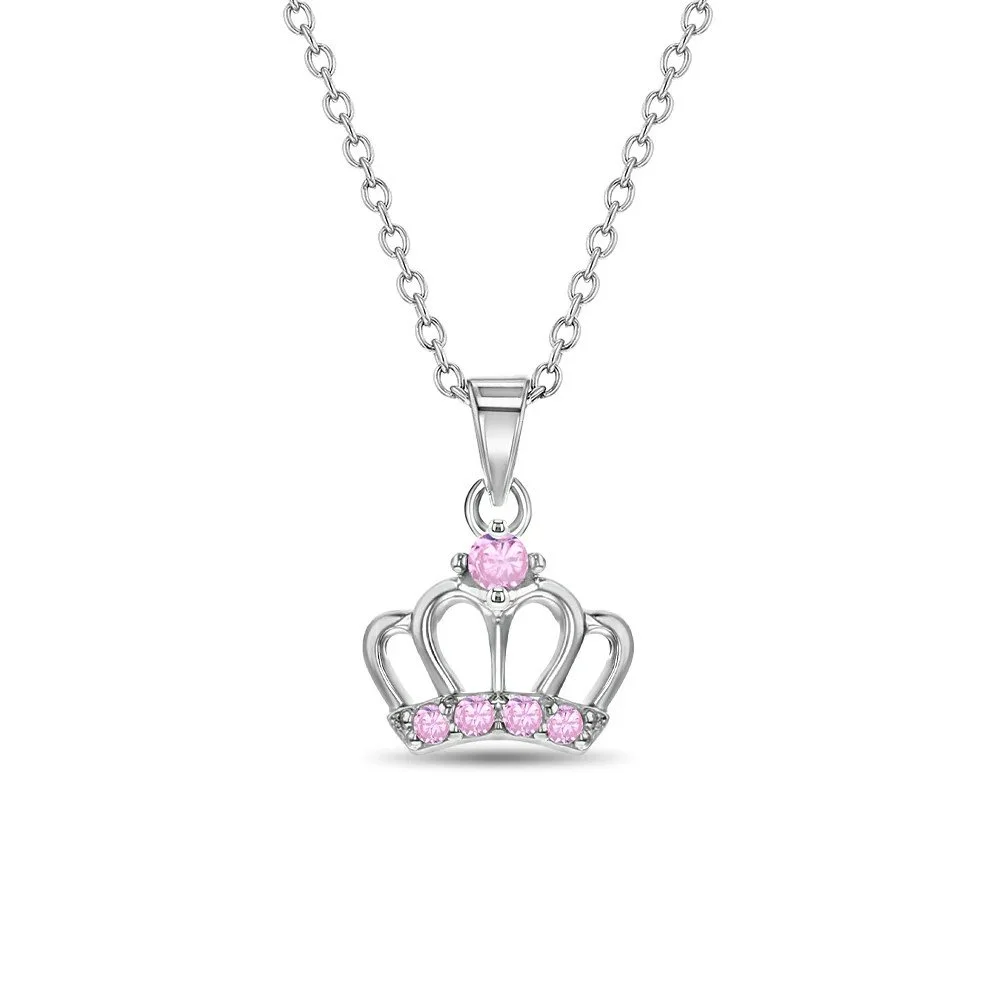 Sterling Silver Pink CZ Crown Children's Necklace