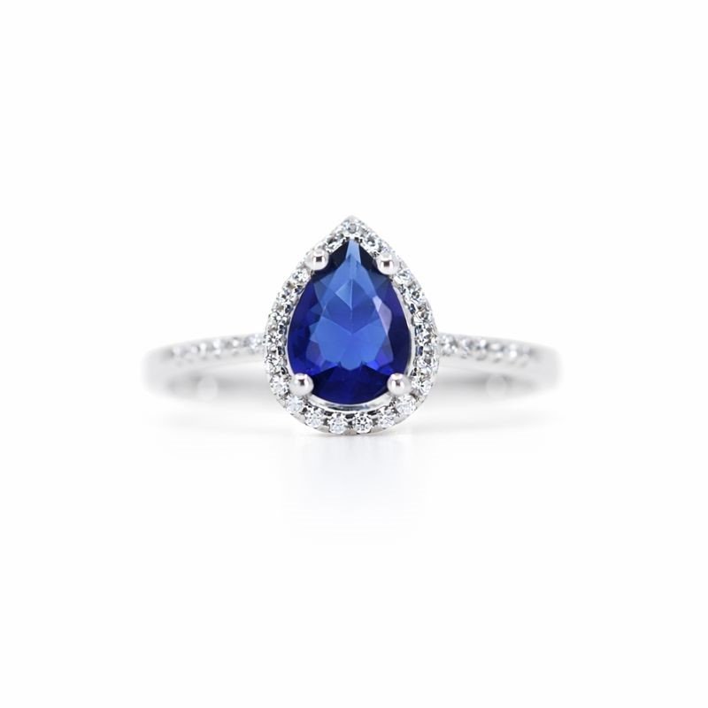 Sterling Silver Dark Blue & White CZ Halo Teardrop Ring
