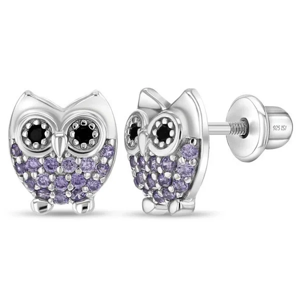 Sterling Silver Purple CZ Owl Children's Earrings