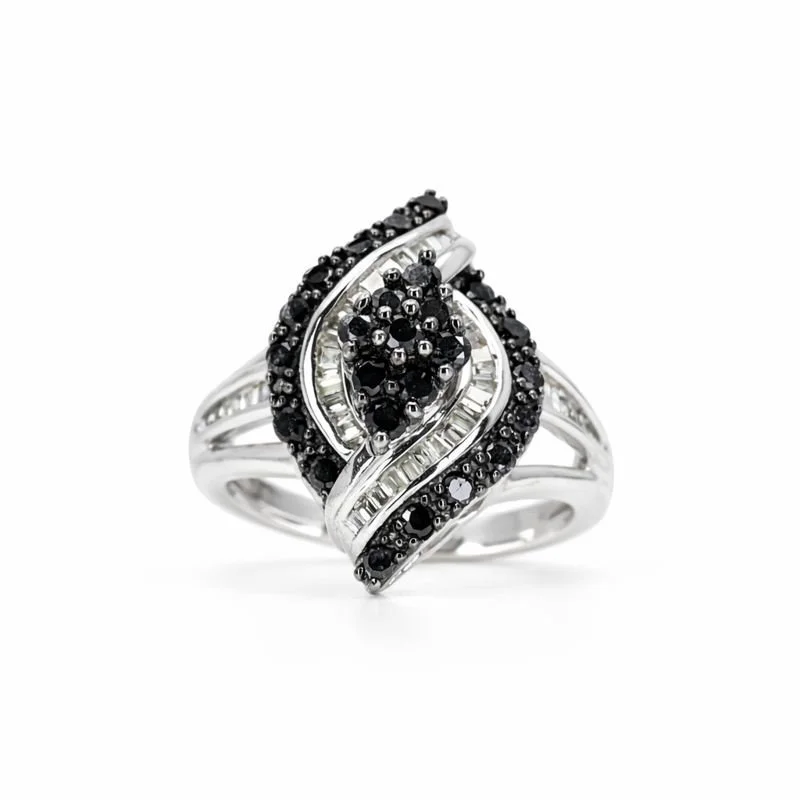 Sterling Silver Black & White Diamond Bypass Ring