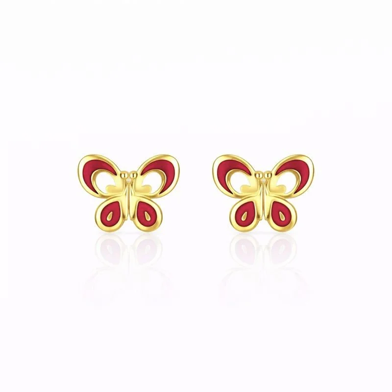 14K Yellow Gold Pink Enamel Butterfly Stud Earrings