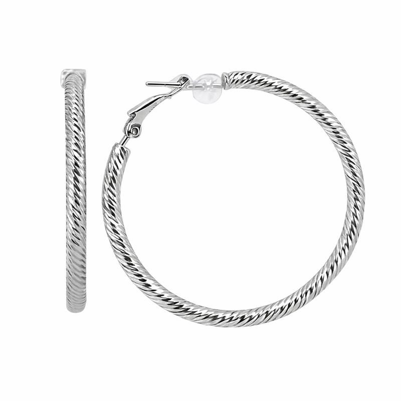 14K White Gold Diamond Cut Candy Cane Hoop Earrings