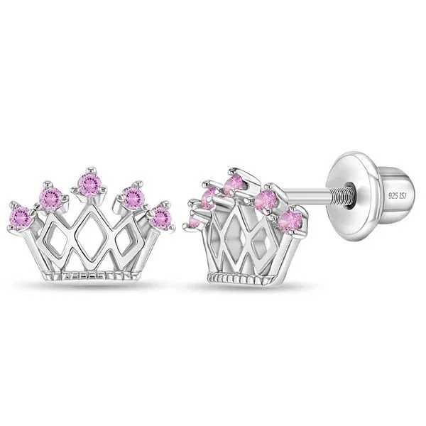 Sterling Silver Pink CZ Crown Children's Earrings
