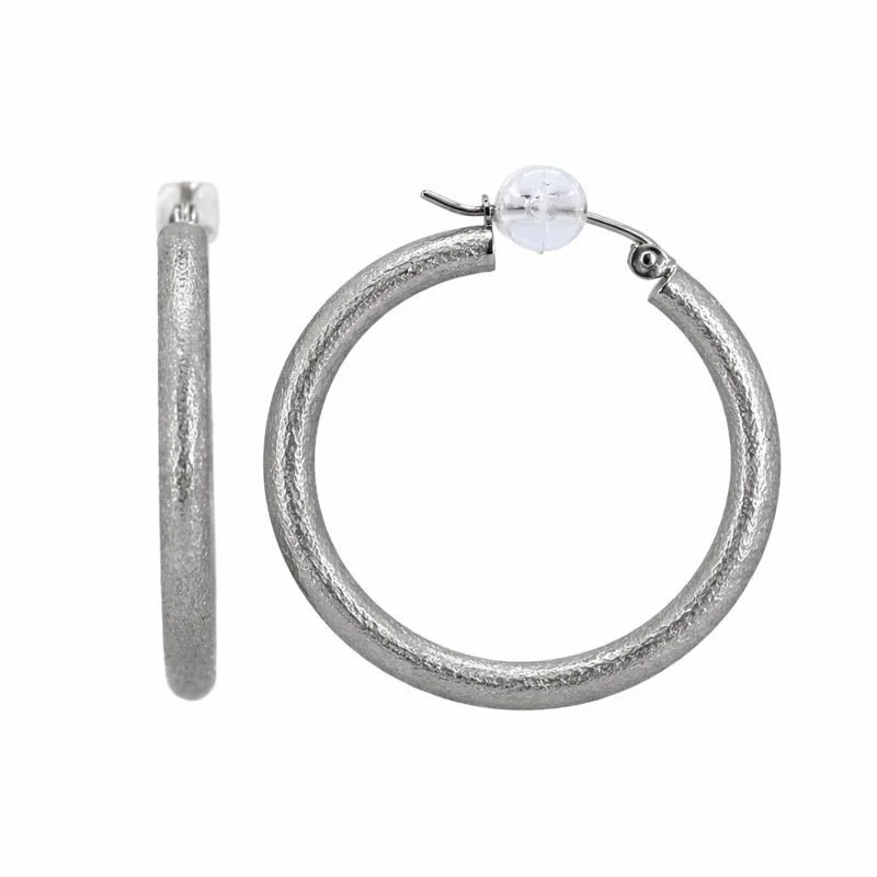 14K White Gold Satin Finish Round Tube Hoop Earrings