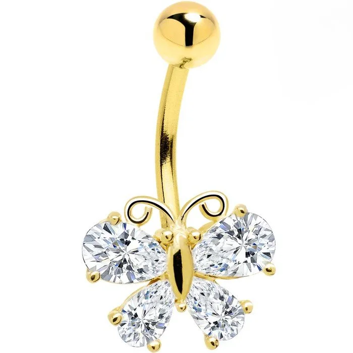 14K Gold CZ Butterfly 14G Navel Ring