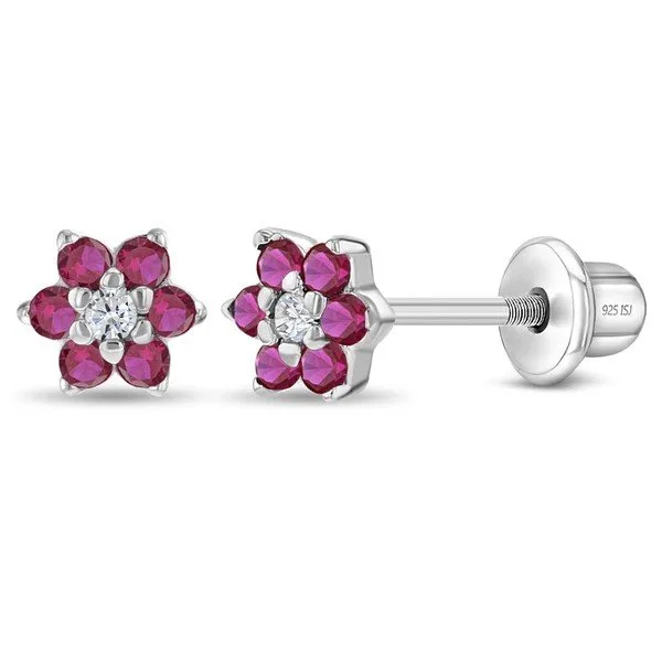 Sterling Silver Hot Pink CZ Flower Children's Earrings