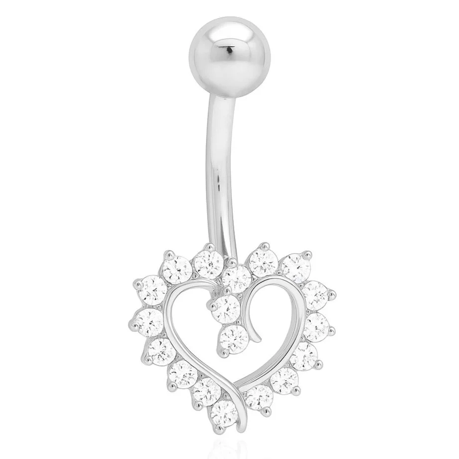 14K White Gold CZ Heart 14G Navel Ring