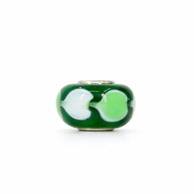 Sterling Silver Green & White Heart Swirl Murano Glass Bead Charm