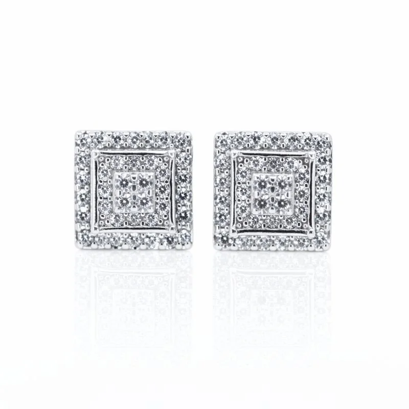 Rhodium Plated CZ Stacked Square Stud Earrings