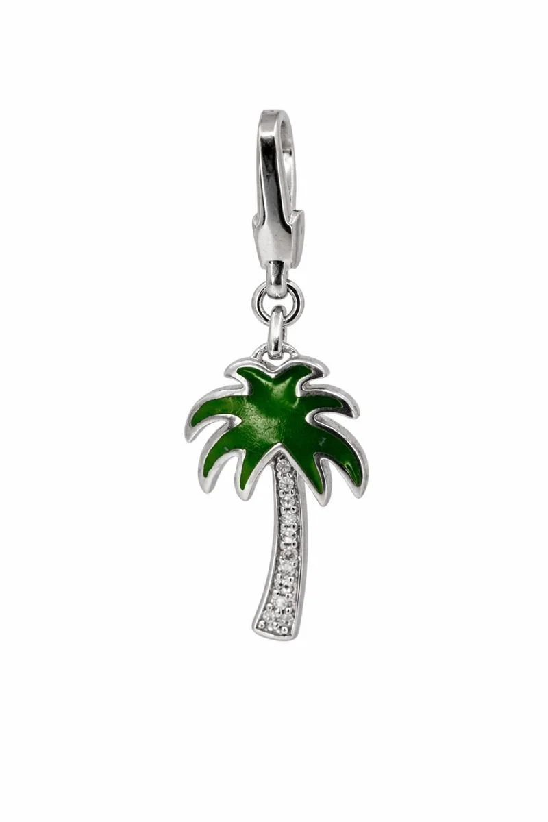 Sterling Silver Green Enamel Diamond Palm Tree Charm
