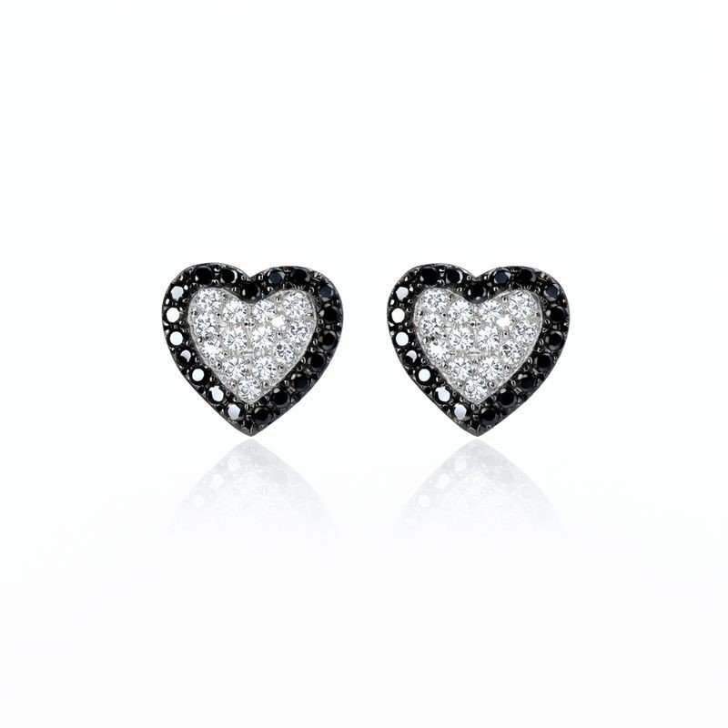 Sterling Silver Black & Clear CZ Heart Stud Earrings