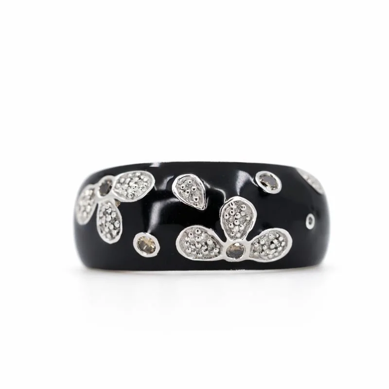 Sterling Silver Black Enamel Diamond Vintage Flower Ring