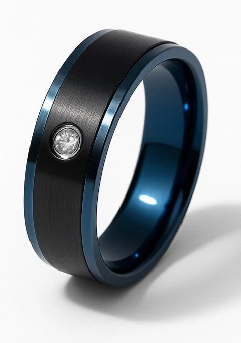 Stainless Steel Blue Rhodium Plated 6mm Black Satin CZ Ring