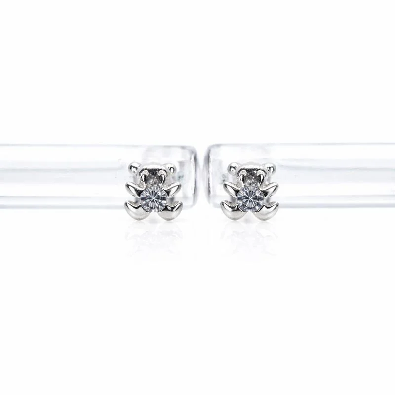14K White Gold CZ Teddy Bear Stud Earrings
