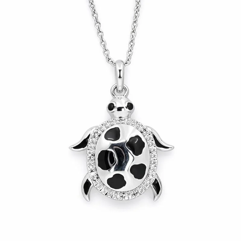 Sterling Silver Black Enamel Pavé Set Diamond Turtle Pendant Necklace