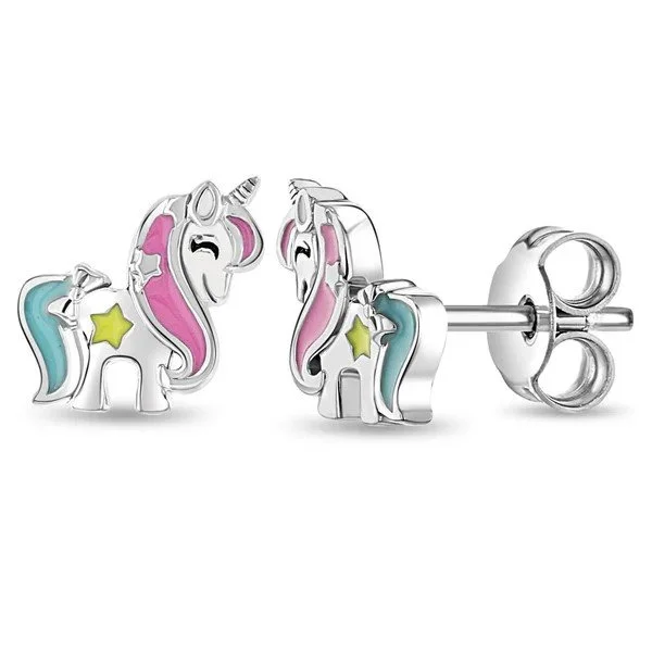 Sterling Silver Enamel Miss Unicorn Children's Earrings