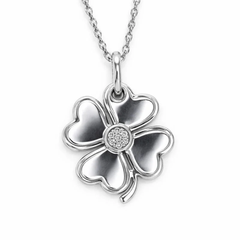 Sterling Silver Pavé Set Diamond Four-Leaf Clover Pendant Necklace