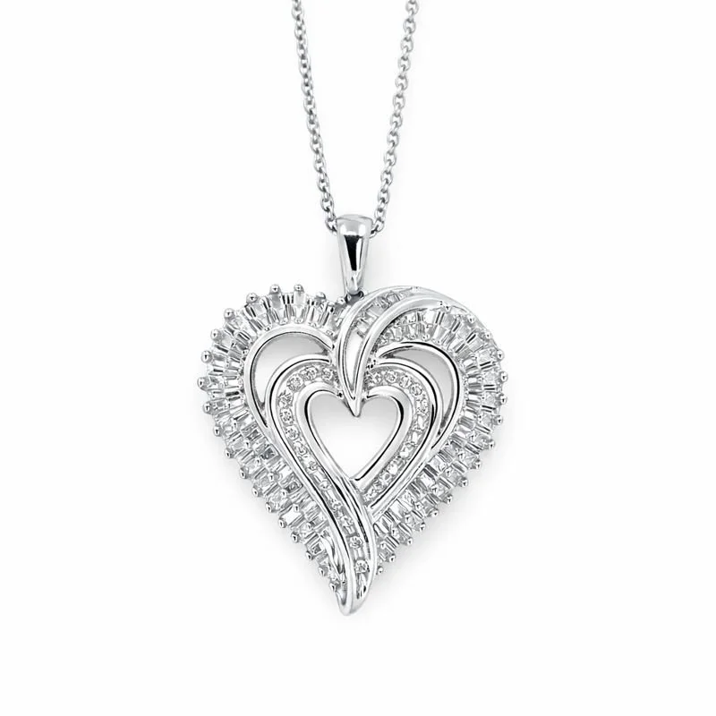 Sterling Silver Pavé Set Diamond Double Open Heart Pendant Necklace