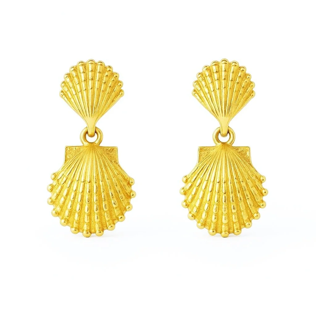 14K Yellow Gold Double Shell Dangle Earrings