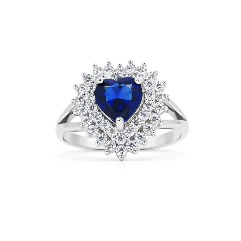 Sterling Silver White & Blue CZ Heart Ring