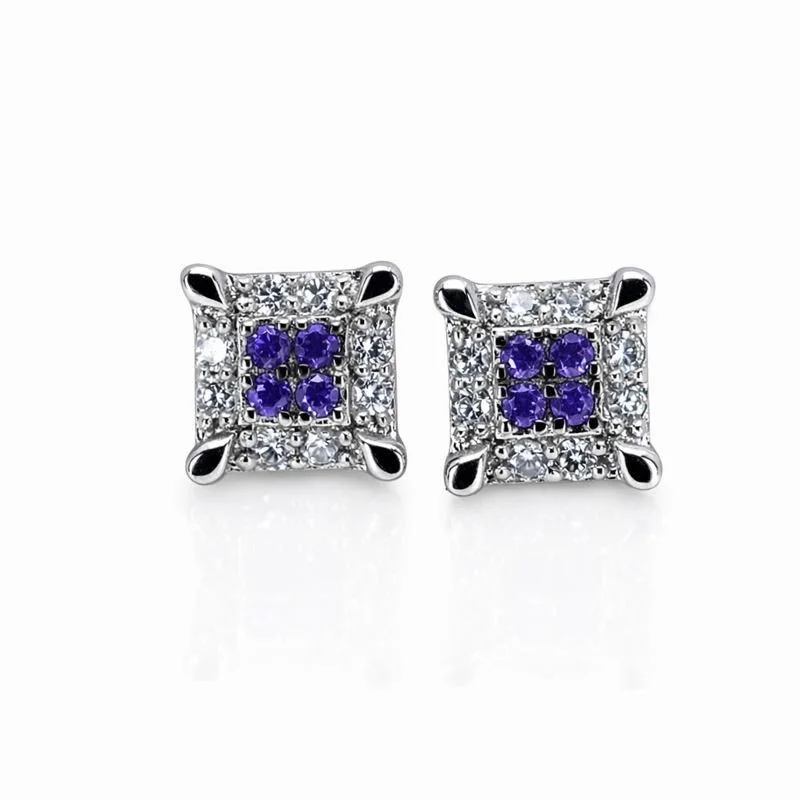 Rhodium Plated Purple & White CZ Square Stud Earrings