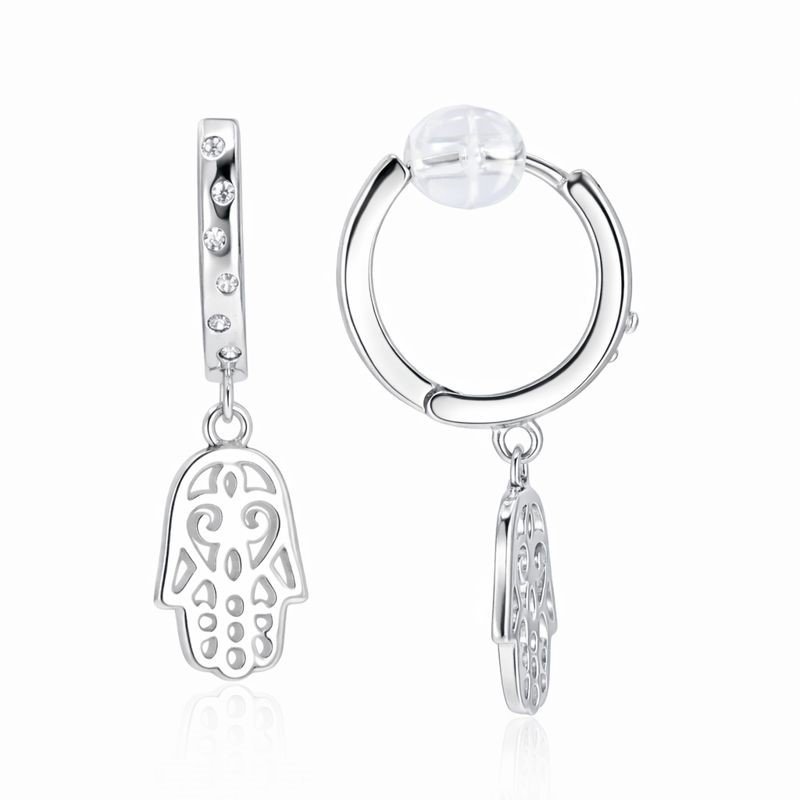 Rhodium Plated Hamsa Dangle Huggie Hoop Earrings