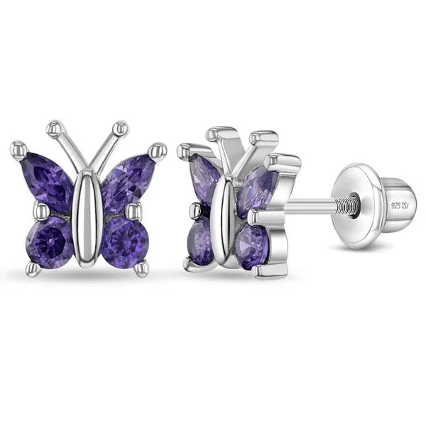 Sterling Silver Purple CZ Butterfly Children's Earrings