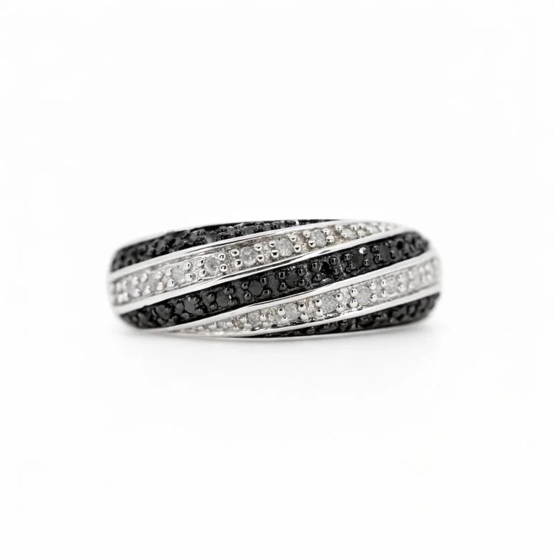 Sterling Silver White & Black Striped Diamond Ring