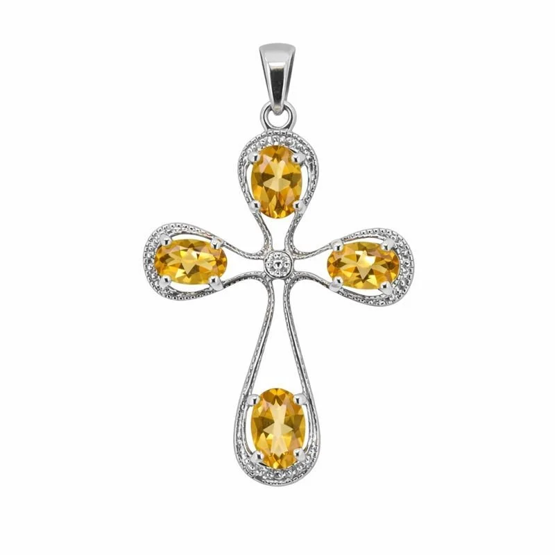 Sterling Silver Citrine & Diamond Cross Pendant