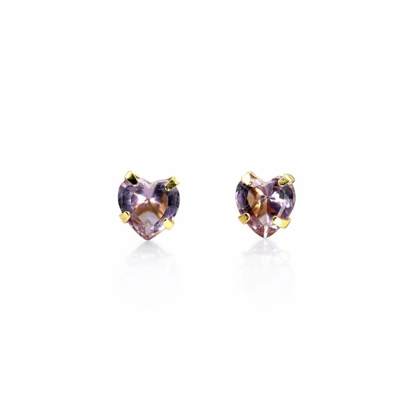 10K Yellow Gold Pink Amethyst Heart Stud Earrings