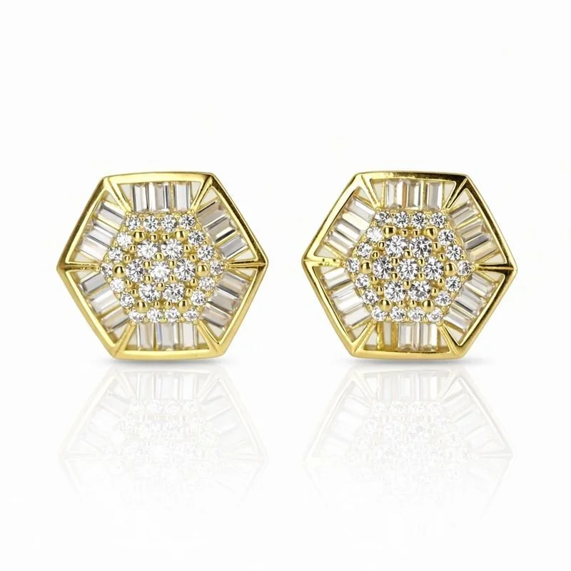 Gold Plated CZ Baguette Octagon Stud Earrings