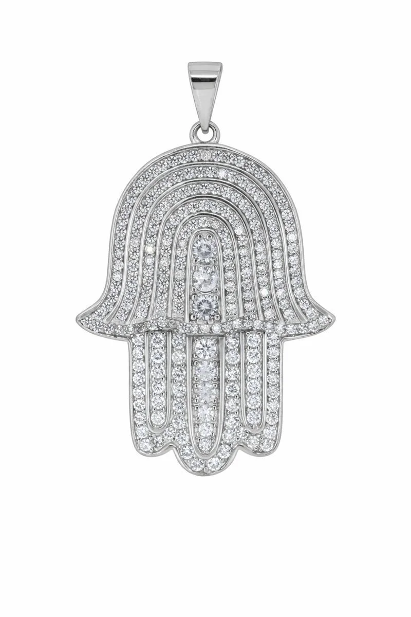 Rhodium Plated CZ Hamsa Hand Pendant