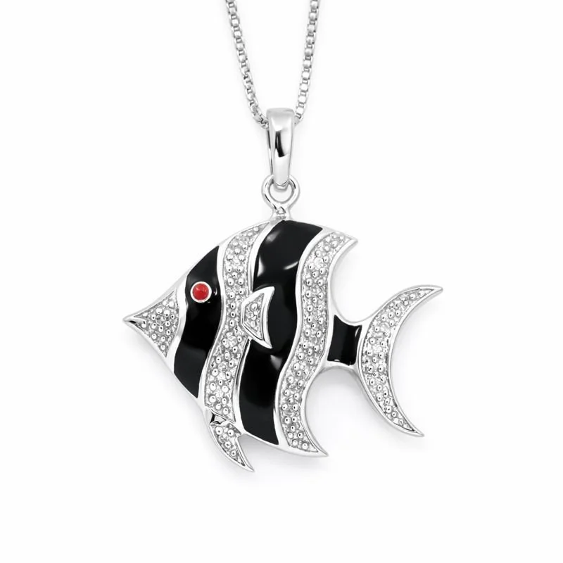 Sterling Silver Black & Red Enamel Diamond Angelfish Pendant Necklace