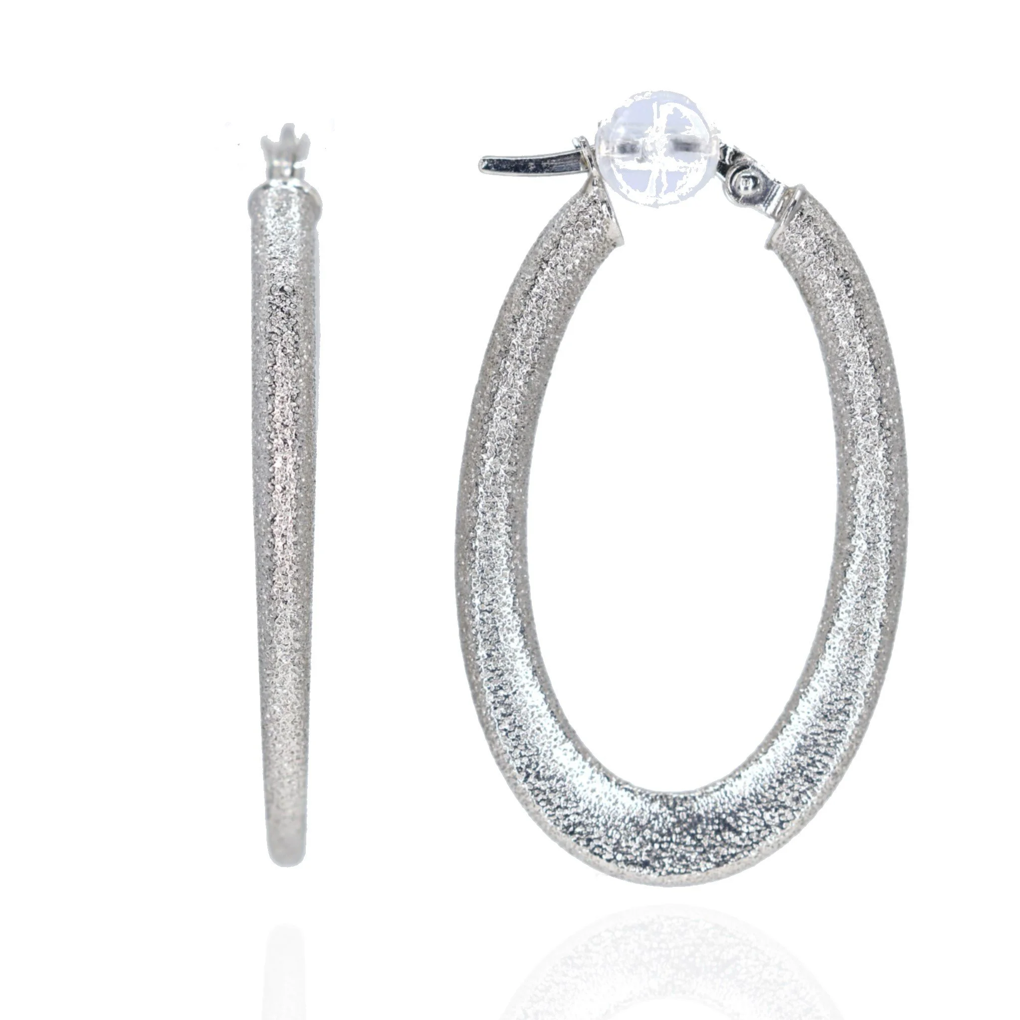 10K White Gold Laser Cut Flat Oval Hoop Earrings