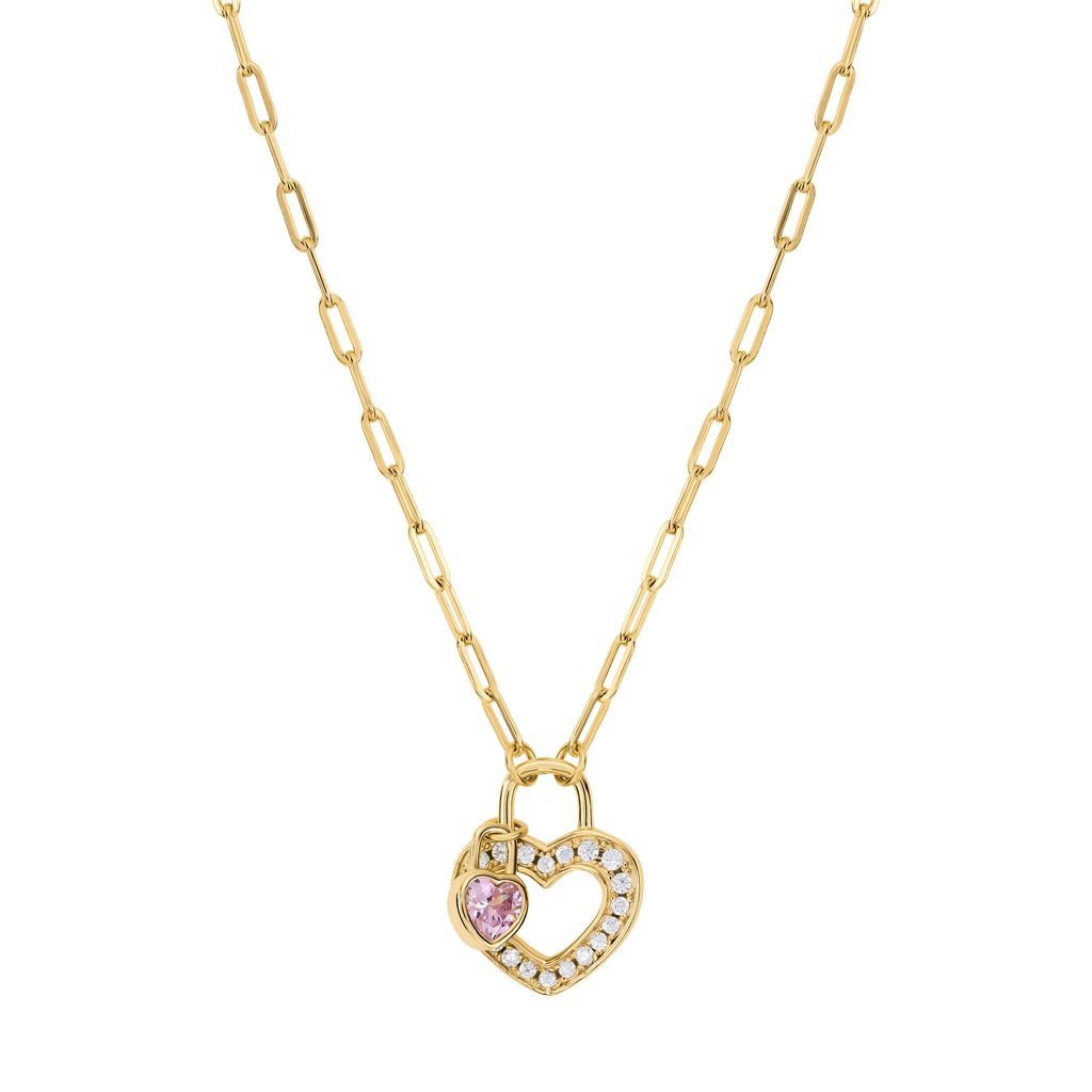 14k Gold Plated Pink heart Charm Heart Lock Necklace