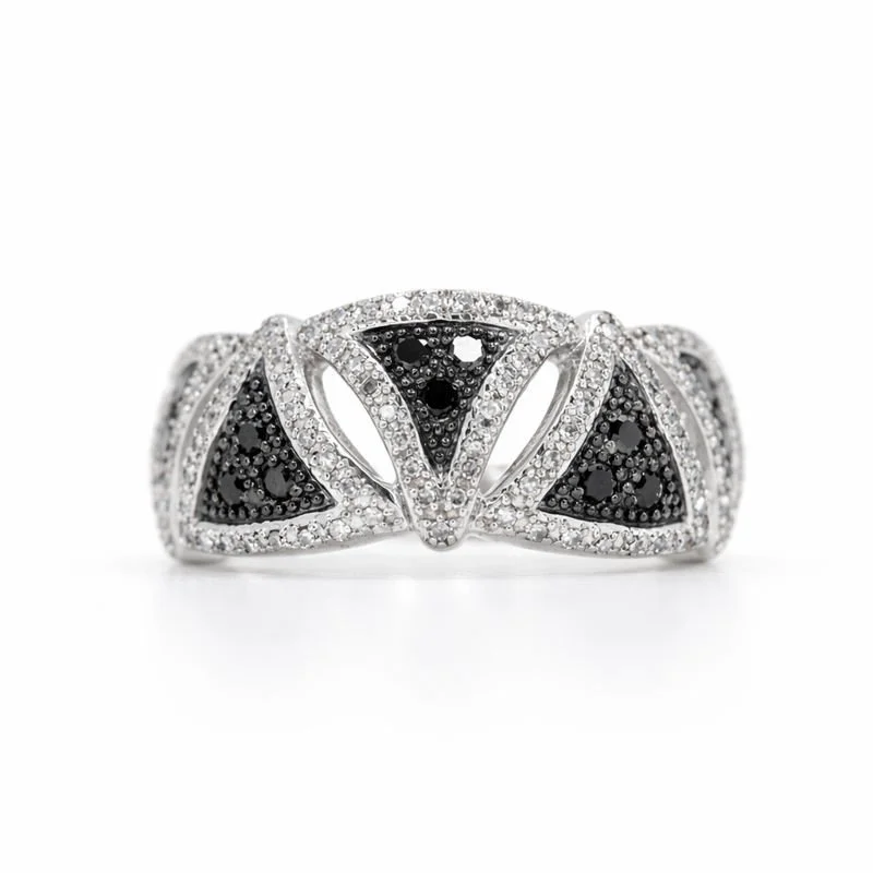 Sterling Silver Black & White Diamonds Alternating Triangle Ring