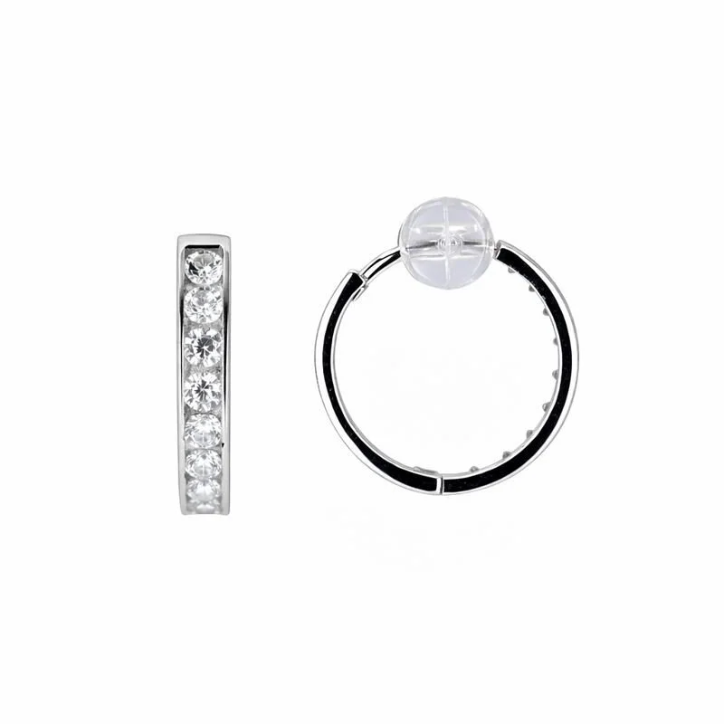 14K White Gold One Row Channel Set CZ 2.5mm Hoop Earrings