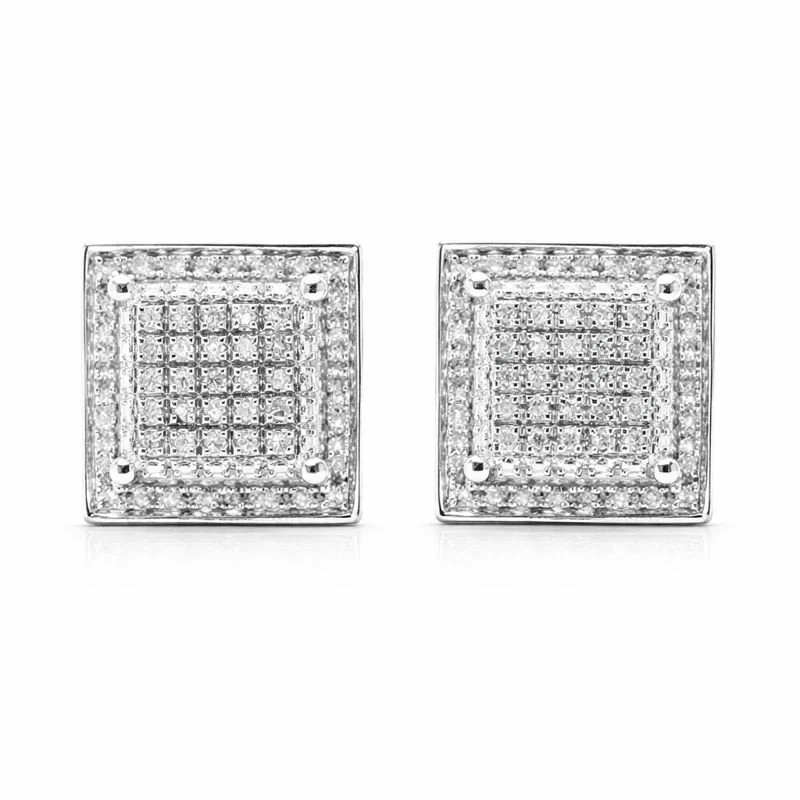 Sterling Silver Pavé Set Diamond 3D Square Stud Earrings