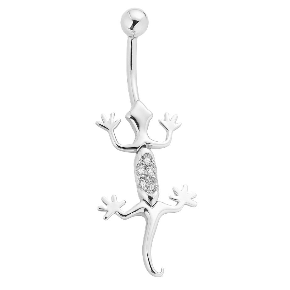 14K White Gold CZ Lizard 14G Navel Ring
