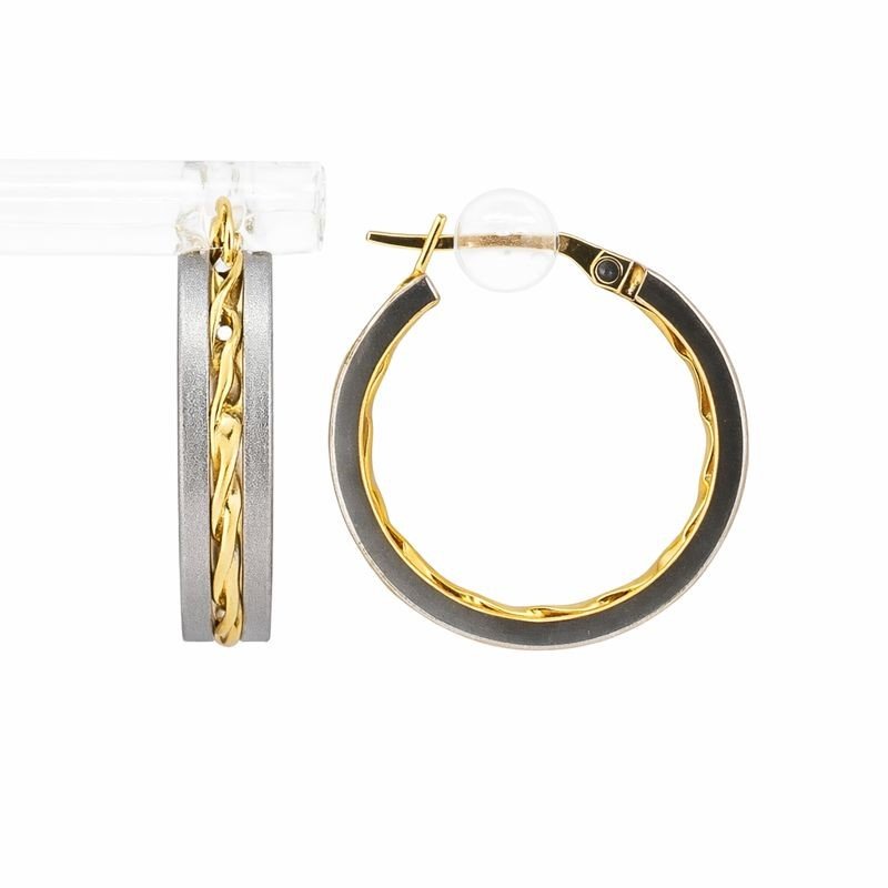 14K White & Yellow Gold Satin Finish Multi-Line Hoop Earrings