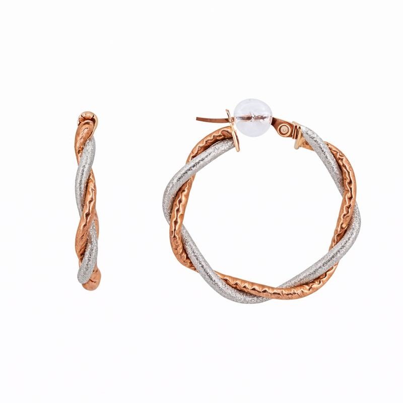 14K Rose & White Gold Textured Satin Twist Ribbon Hoop Earrings