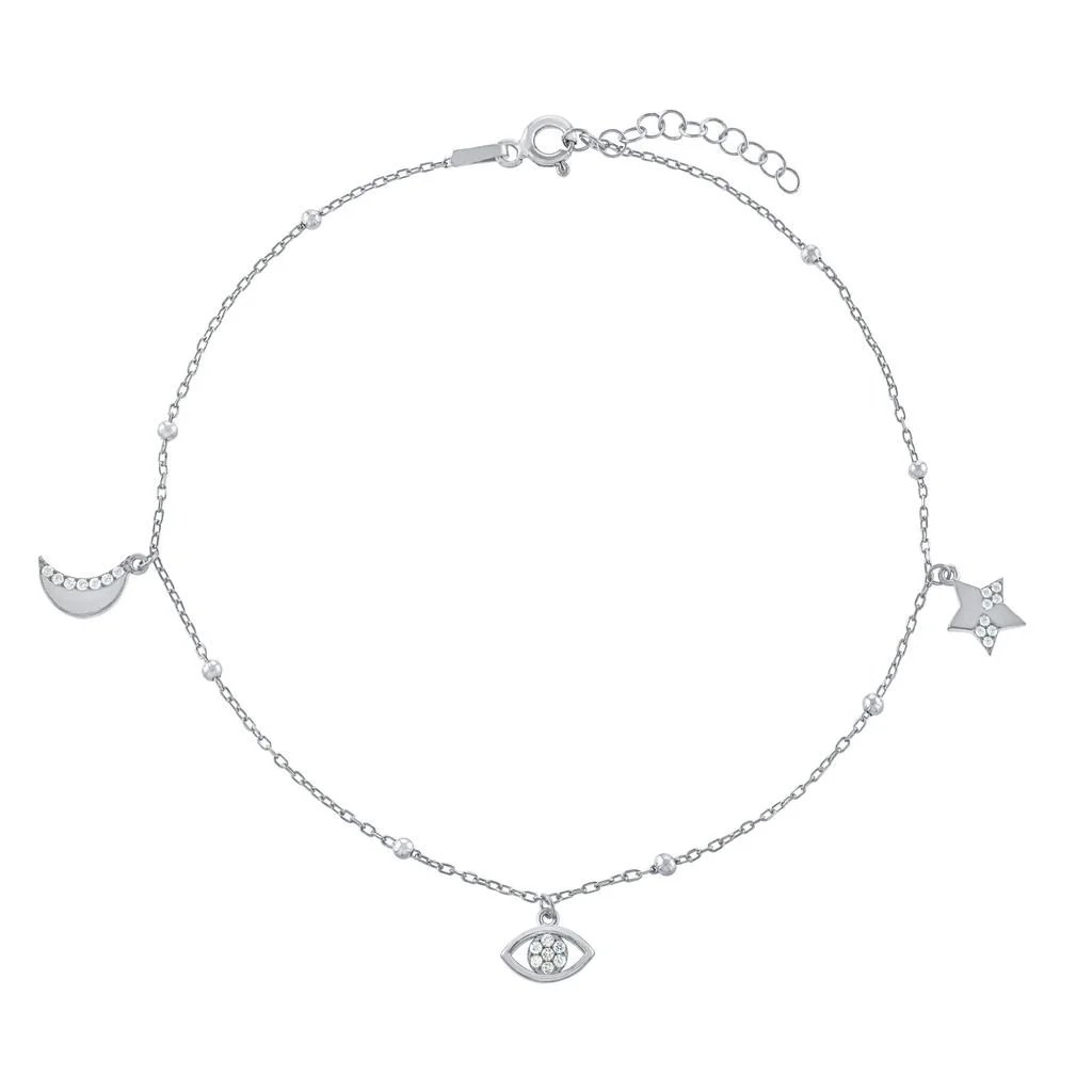 Sterling Silver CZ Moon/Eye/Star Anklet