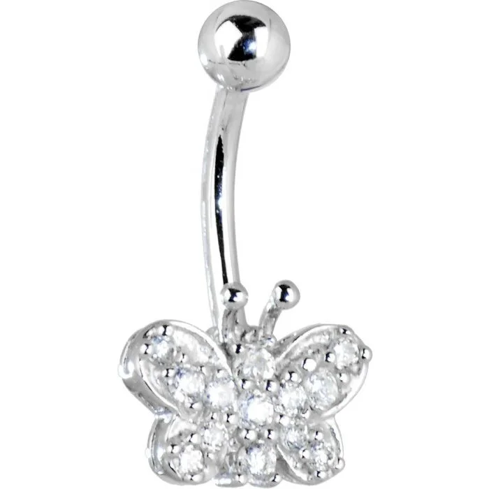 14K White Gold CZ Butterfly 14G Navel Ring