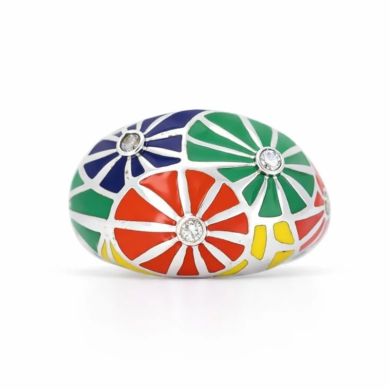 Sterling Silver Multi-Colored Enamel & Diamond Accent Vintage Flower Ring